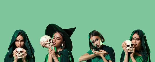 Set Young Witch Green Background — Stock Photo, Image