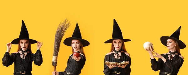 Набор Молодой Ведьмы Жёлтом Фоне — стоковое фото