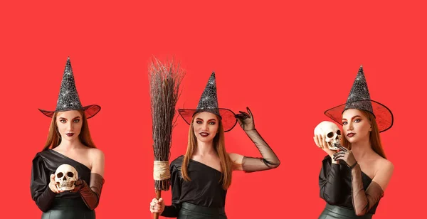 Набор Молодой Ведьмы Красном Фоне — стоковое фото