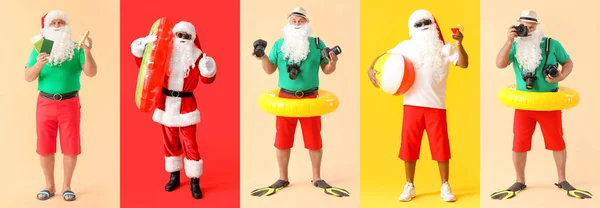 Collage Von Weihnachtsmännern Auf Farbigen Hintergründen Weihnachtsferien Konzept — Stockfoto
