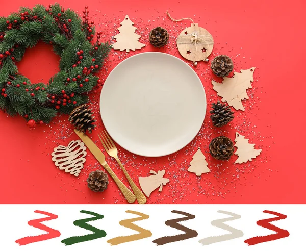 Composition Plate Cutlery Christmas Decorations Red Background Different Color Patterns — Stock Photo, Image