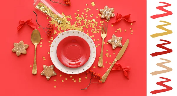 Stylish Christmas Table Setting Red Background Different Color Patterns — Stock Photo, Image