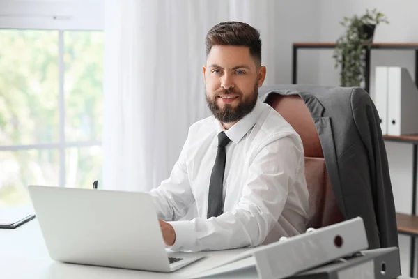 Handsome Bank Manager Working Laptop Table Office — Stock Photo, Image