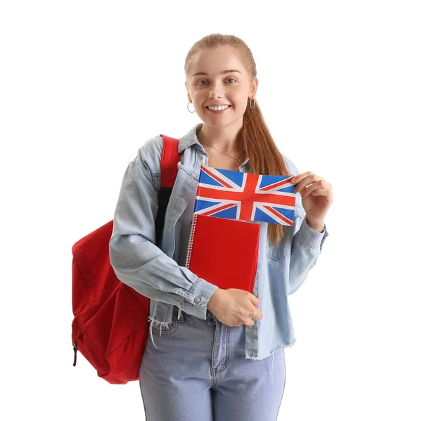 Młoda Kobieta Brytyjską Flagą Książkami Plecakiem Białym Tle — Zdjęcie stockowe