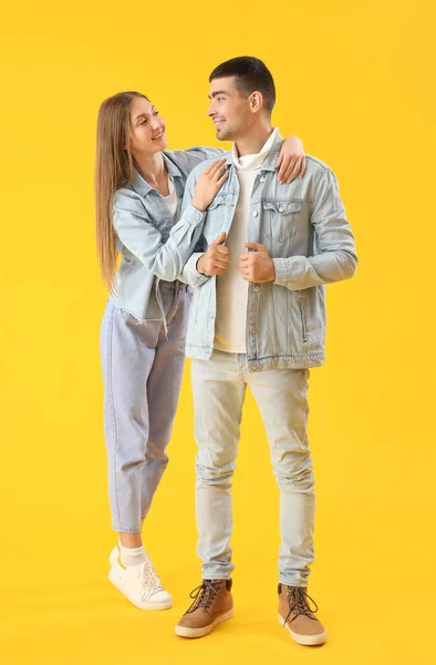 Fashionable Young Couple Autumn Clothes Yellow Background — Stock Photo, Image
