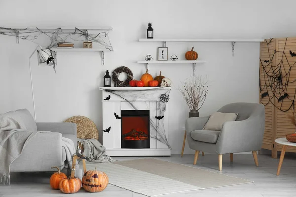 Interior Light Living Room Decorated Halloween Fireplace Sofa Armchair — Stock Photo, Image