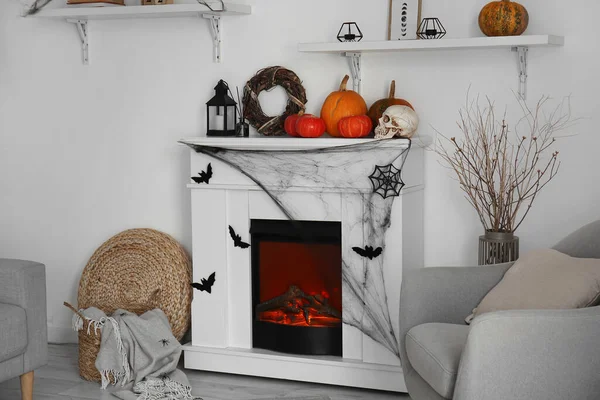 Interior Light Living Room Decorated Halloween Fireplace Pumpkins Armchair — Stock Photo, Image