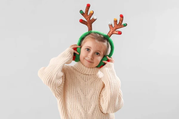 Happy Little Girl Reindeer Horns Light Background — Stock Photo, Image