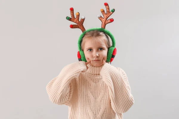 Happy Little Girl Reindeer Horns Light Background — Stock Photo, Image