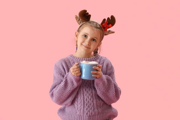 Happy Little Girl Reindeer Horns Cup Cocoa Pink Background — Stock Photo, Image