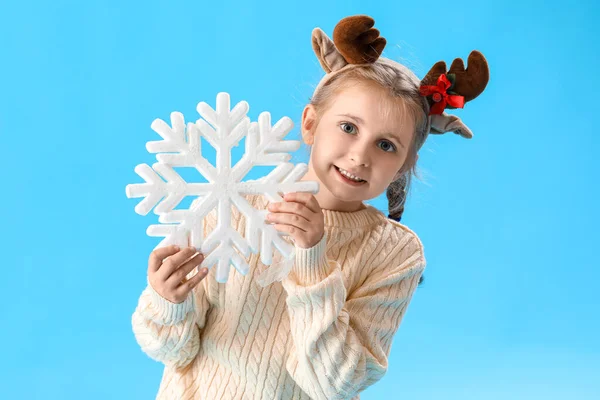 Happy Little Girl Reindeer Horns Snowflake Blue Background — Stock Photo, Image