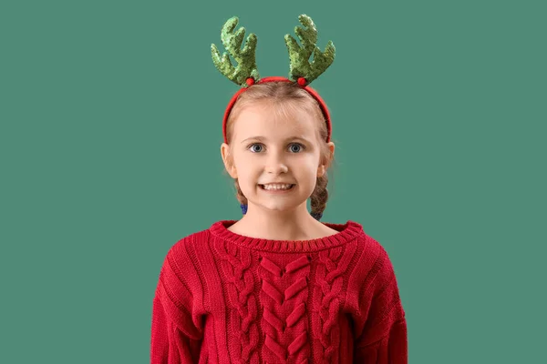 Happy Little Girl Reindeer Horns Green Background — Stock Photo, Image