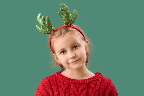 Happy Little Girl Reindeer Horns Green Background Closeup — Stock Photo, Image