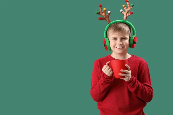 Happy Little Boy Reindeer Horns Cup Cocoa Green Background — Stock Photo, Image