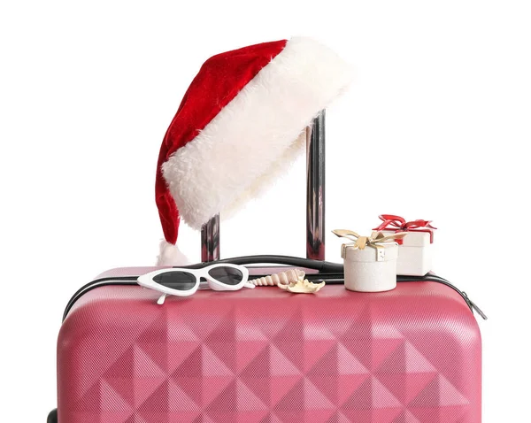 Suitcase Santa Hat Christmas Gifts Travel Accessories White Background — Stock Photo, Image