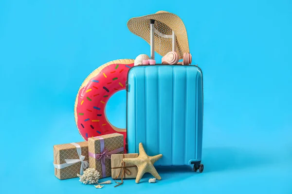 Suitcase Christmas Gifts Travel Accessories Blue Background — Stock Photo, Image