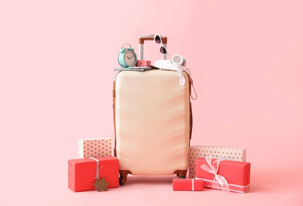 Suitcase Travel Accessories Christmas Gifts Pink Background — Stock Photo, Image