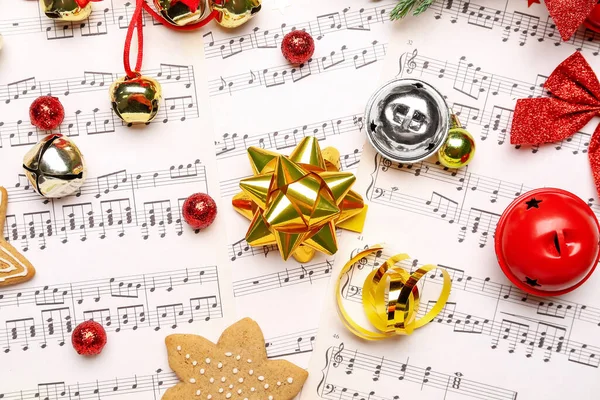 Bow Christmas Bells Note Sheets Closeup — Stock Photo, Image