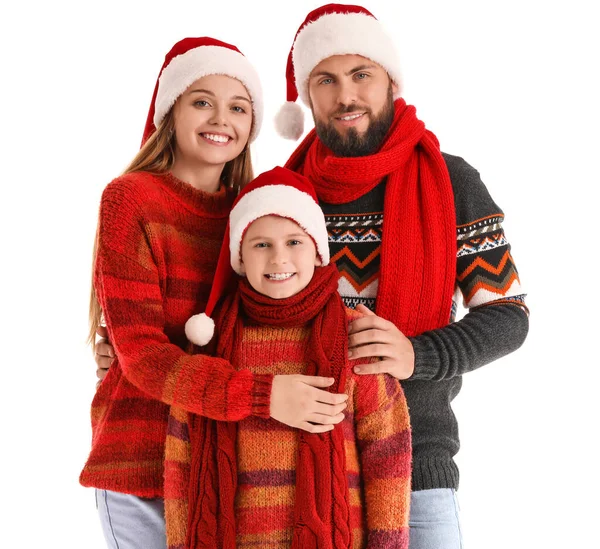 Happy Parents Little Son Santa Hats Warm Clothes White Background — Stock Photo, Image