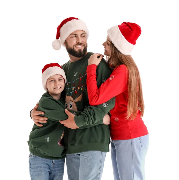 Mutlu Ebeveynler Beyaz Arka Planda Noel Baba Şapkalı Küçük Oğulları — Stok fotoğraf