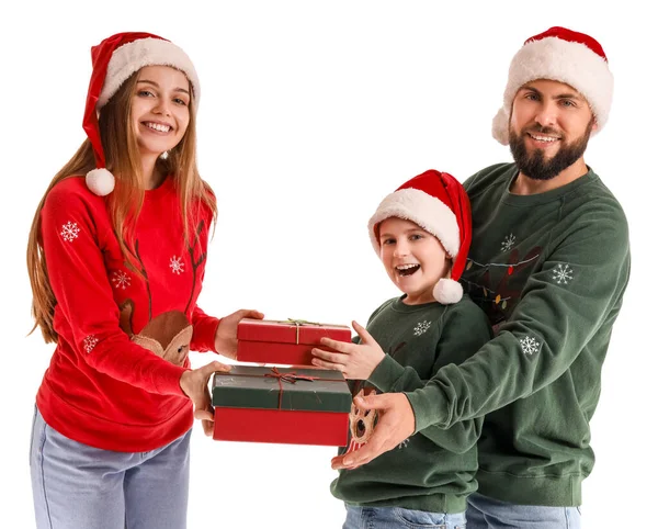 Young Woman Greeting Her Husband Little Son Christmas Presents White — Stock Photo, Image