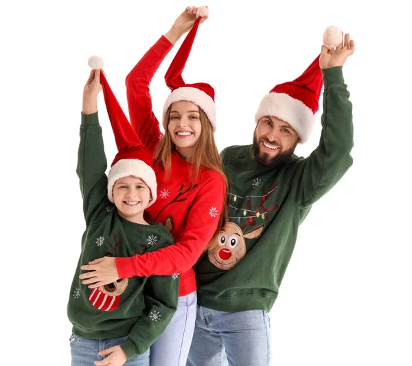 Mutlu Ebeveynler Beyaz Arka Planda Noel Baba Şapkalı Küçük Oğulları — Stok fotoğraf