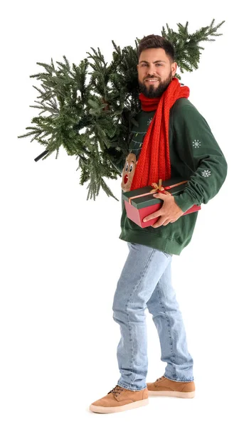 Hombre Guapo Con Árbol Navidad Regalo Sobre Fondo Blanco —  Fotos de Stock