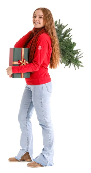 Young Woman Christmas Tree Gift White Background — Stock Photo, Image