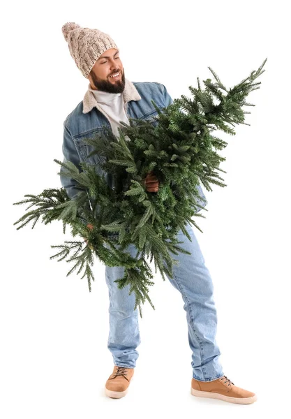 Knappe Man Met Kerstboom Witte Achtergrond — Stockfoto