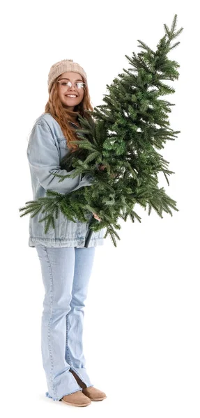 Beyaz Arka Planda Noel Ağacı Olan Genç Bir Kadın — Stok fotoğraf