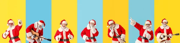 Set Babbo Natale Ascoltare Musica Cantare Suonare Chitarra Sfondo Colorato — Foto Stock
