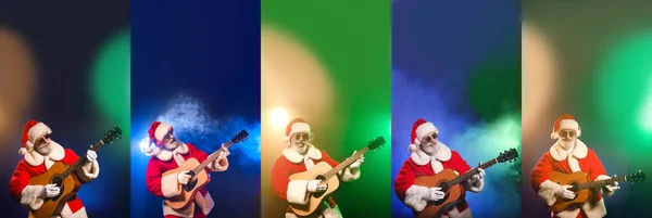 Set Santa Claus Playing Guitar Colorful Background — Stock Photo, Image