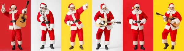 Set Santa Claus Listening Music Singing Playing Guitar Colorful Background — Stock Photo, Image