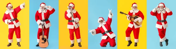 Set Santa Claus Listening Music Singing Playing Guitar Colorful Background — Stock Photo, Image