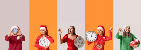 Set Von Verschiedenen Menschen Mit Uhr Auf Farbigem Hintergrund Countdown — Stockfoto