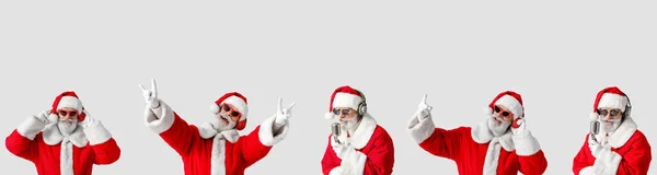 Set Santa Claus Listening Music Singing Light Background — Stock Photo, Image