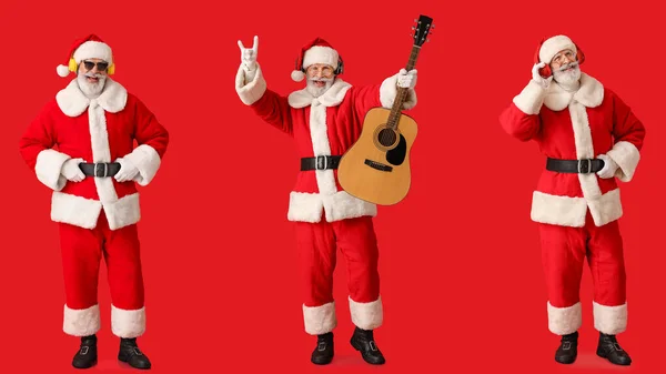 Set Von Weihnachtsmännern Die Musik Hören Und Gitarre Spielen Auf — Stockfoto