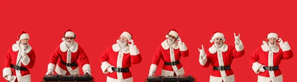 Set Babbo Natale Ascoltare Musica Cantare Sfondo Rosso — Foto Stock
