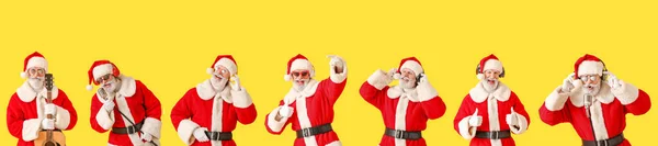 Set Santa Claus Listening Music Singing Yellow Background — Stock Photo, Image