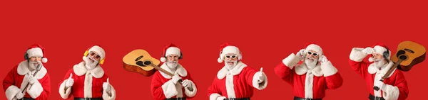 Set Santa Claus Zenét Hallgat Énekel Gitározik Piros Háttér — Stock Fotó