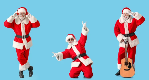 Set Von Weihnachtsmännern Die Musik Auf Hellblauem Hintergrund Hören — Stockfoto