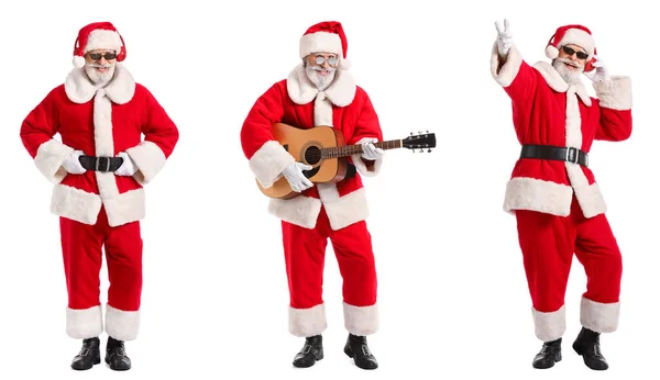 Set Santa Claus Escuchando Música Tocando Guitarra Sobre Fondo Blanco — Foto de Stock