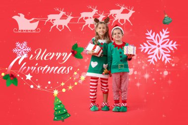 Kırmızı arka planda sevimli elfler olan güzel Noel tebrik kartı
