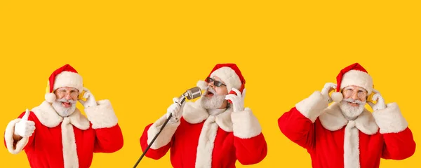 Set Von Weihnachtsmännern Die Musik Hören Und Singen Auf Gelbem — Stockfoto