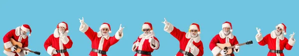 Set Santa Claus Zenét Hallgatni Gitározni Világoskék Háttér — Stock Fotó