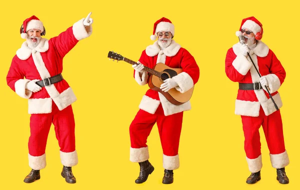 Sada Santa Claus Poslech Hudby Zpěv Hraní Kytaru Žlutém Pozadí — Stock fotografie
