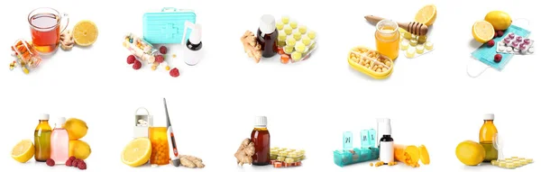 Sammlung Traditioneller Heilmittel Gegen Halsschmerzen Auf Weißem Hintergrund — Stockfoto