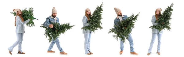 Conjunto Jovens Com Árvores Natal Isoladas Branco — Fotografia de Stock