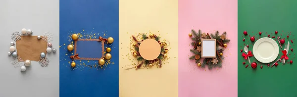 Collage Mit Weihnachtlichen Kompositionen Auf Buntem Hintergrund Draufsicht — Stockfoto