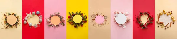 Collage Med Jul Kompositioner Färgglada Bakgrund Ovanifrån — Stockfoto
